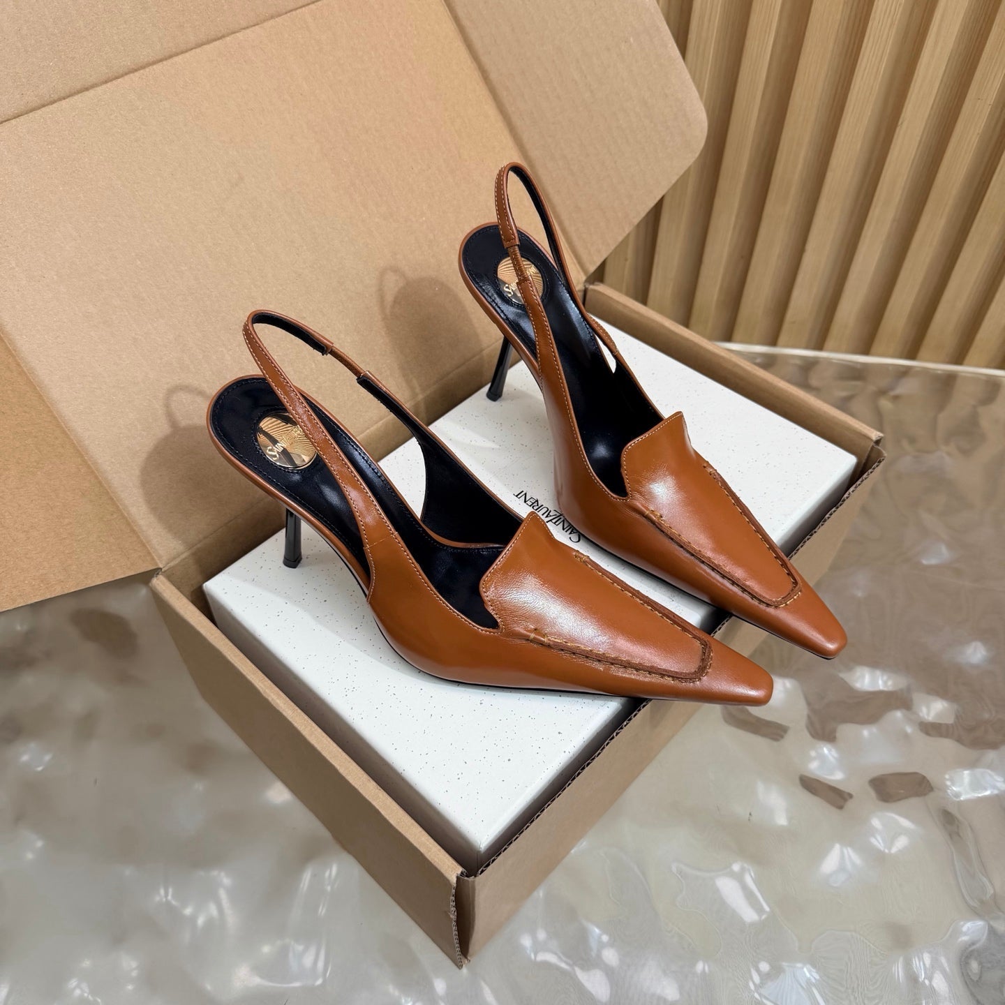 YSL 26S HIGH HEEL SLINGBACK PUMPS 110 MM IN BROWN CALFSKIN