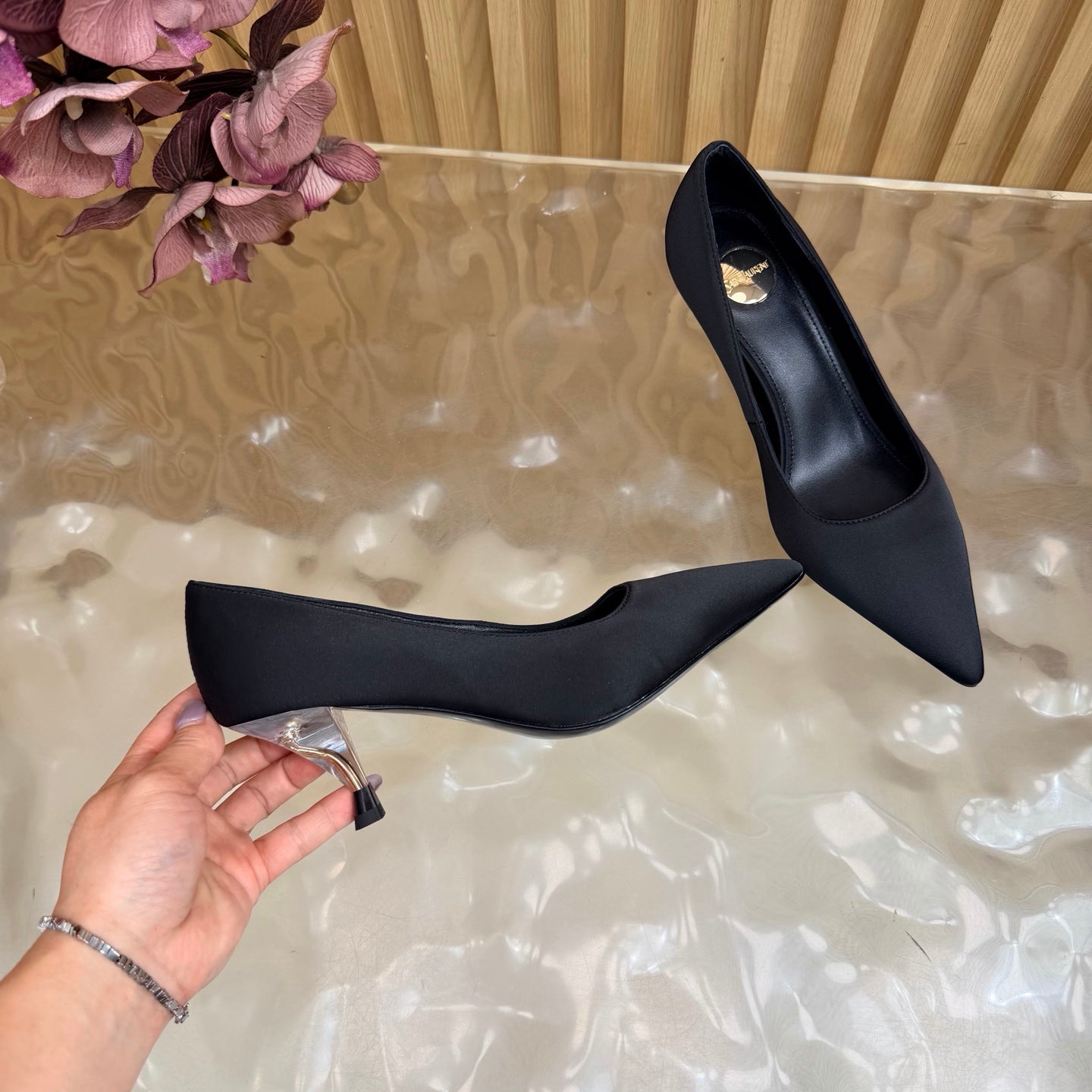 YSL 26S HIGH HEEL PUMPS 80 MM IN BLACK SATIN