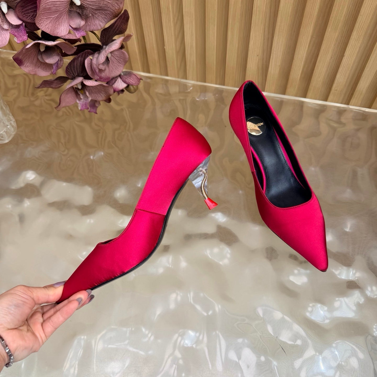 YSL 26S HIGH HEEL PUMPS 80 MM IN RED SATIN