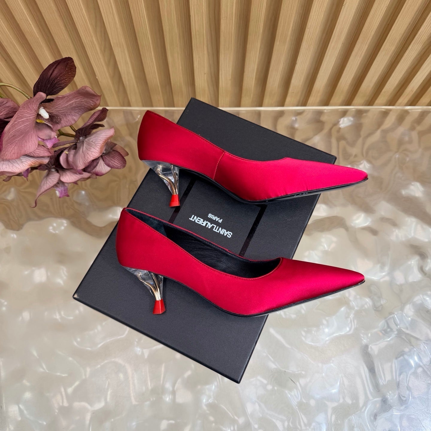 YSL 26S HIGH HEEL PUMPS 80 MM IN RED SATIN