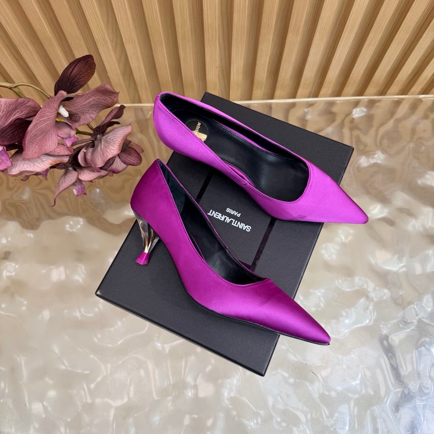 YSL 26S HIGH HEEL PUMPS 80 MM IN PURPLE SATIN