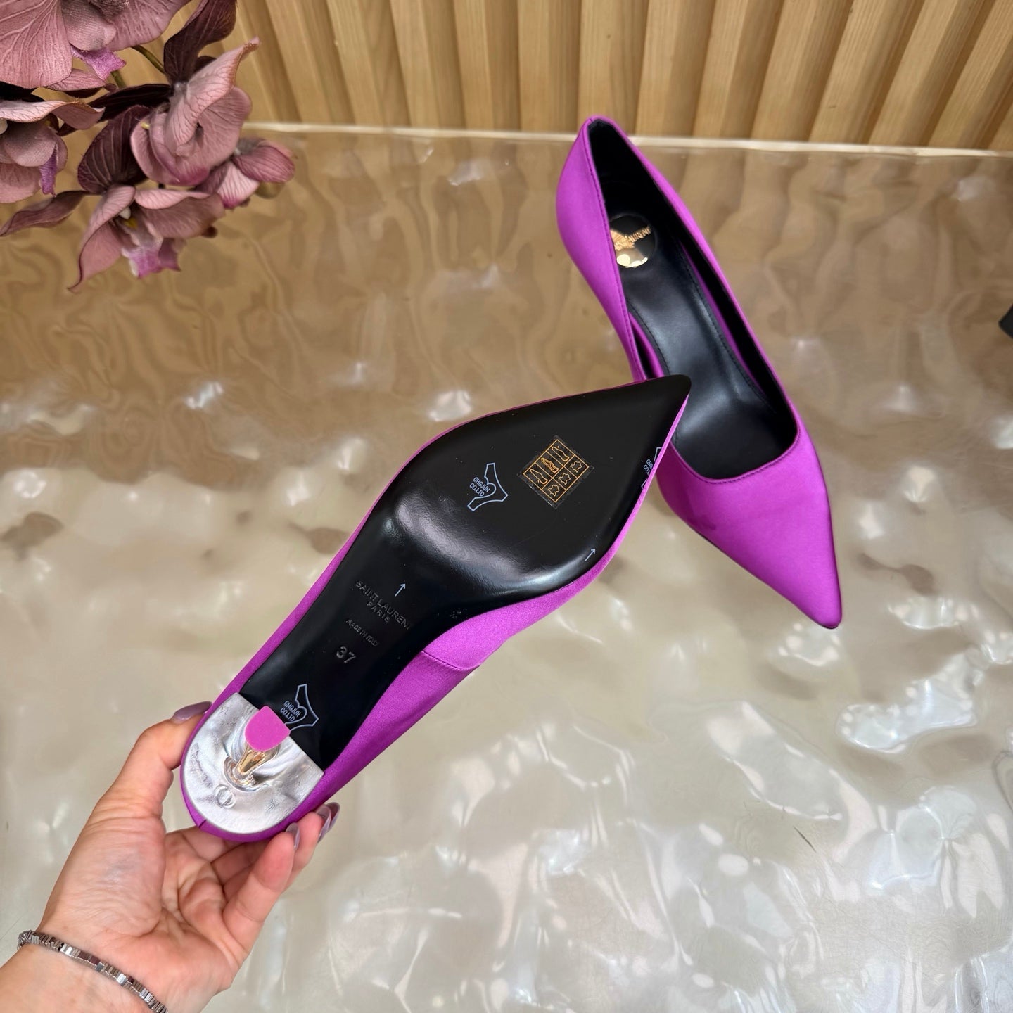 YSL 26S HIGH HEEL PUMPS 80 MM IN PURPLE SATIN
