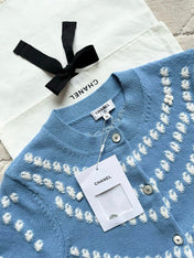 Chanel 25P Cardigan Light Blue Mix White Cashmere 237300