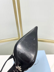 PRADA 26S SLINGBACK HIGH HEEL SANDALS 75MM IN BLACK CALFSKIN WITH LOGO