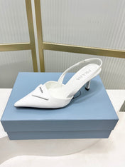 PRADA 26S SLINGBACK HIGH HEEL SANDALS 75MM IN WHITE CALFSKIN WITH LOGO
