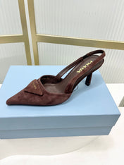 PRADA 26S SLINGBACK HIGH HEEL SANDALS 75MM IN DARK BROWN SUEDE WITH LOGO