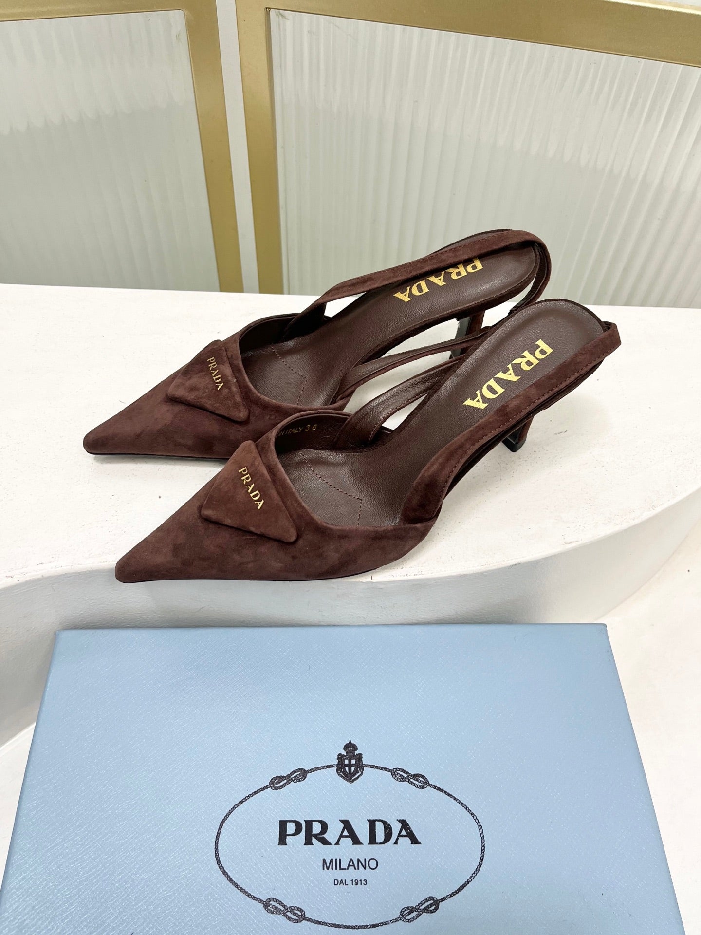 PRADA 26S SLINGBACK HIGH HEEL SANDALS 75MM IN DARK BROWN SUEDE WITH LOGO