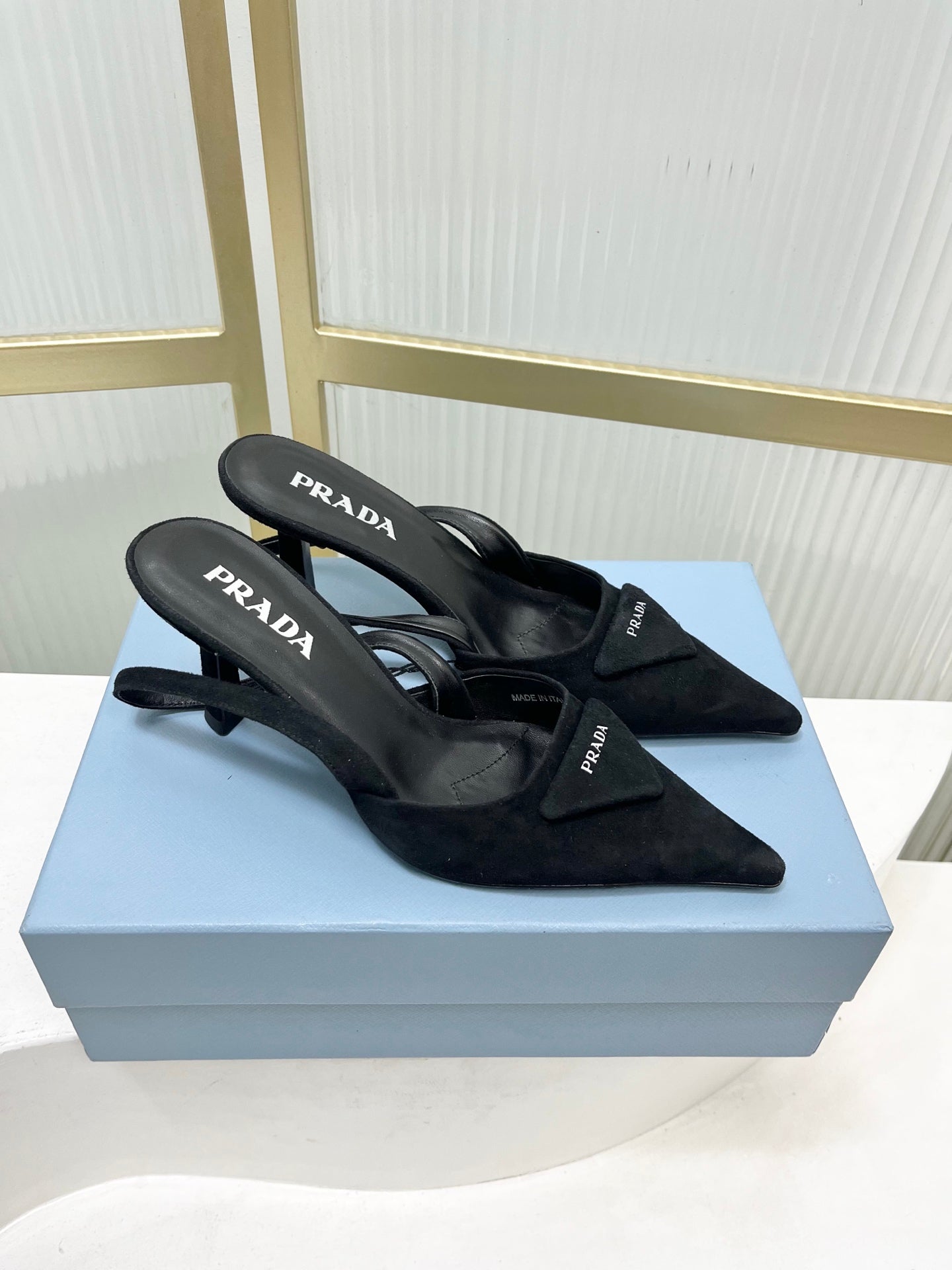 PRADA 26S SLINGBACK HIGH HEEL SANDALS 75MM IN BLACK SUEDE WITH LOGO