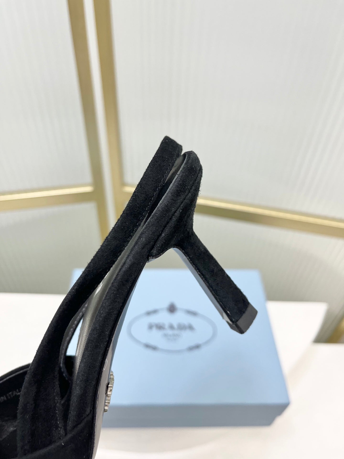 PRADA 26S SLINGBACK HIGH HEEL SANDALS 75MM IN BLACK SUEDE WITH LOGO
