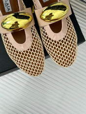ALAIA MARY JANE SHOES IN BEIGE MESH WITH GOLD HARDWARE