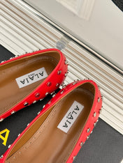 STUD-EMBELLISHED BALLET FLATS IN CHERRY RED CALFSKIN
