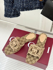 SLIDE SANDALS IN DARK BEIGE FABRIC EMBOSSED LOGO STYLE 3