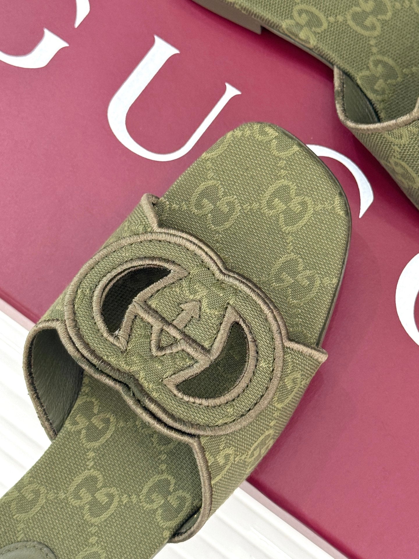 SLIDE SANDALS IN MOSS GREEN FABRIC EMBOSSED LOGO STYLE 2