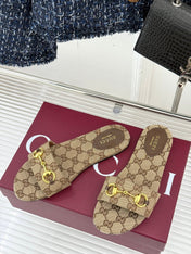 SLIDE SANDALS IN DARK BEIGE FABRIC EMBOSSED LOGO