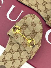 SLIDE SANDALS IN DARK BEIGE FABRIC EMBOSSED LOGO