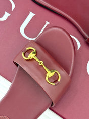 SLIDE SANDALS IN RED CALFSKIN WITH GOLD HARDWARE