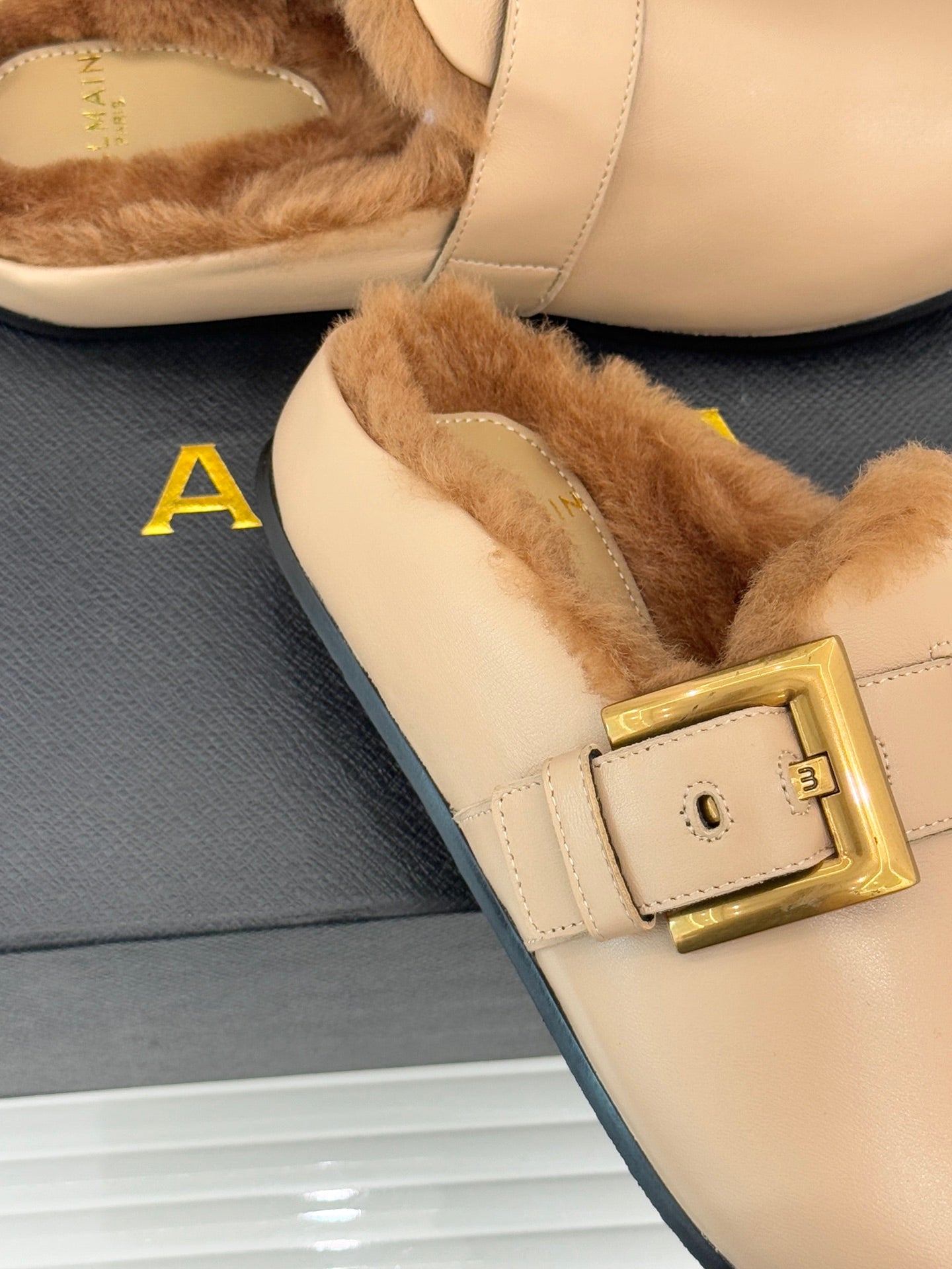BALMAIN 26S ANTHEM MULES IN BEIGE CALFSKIN