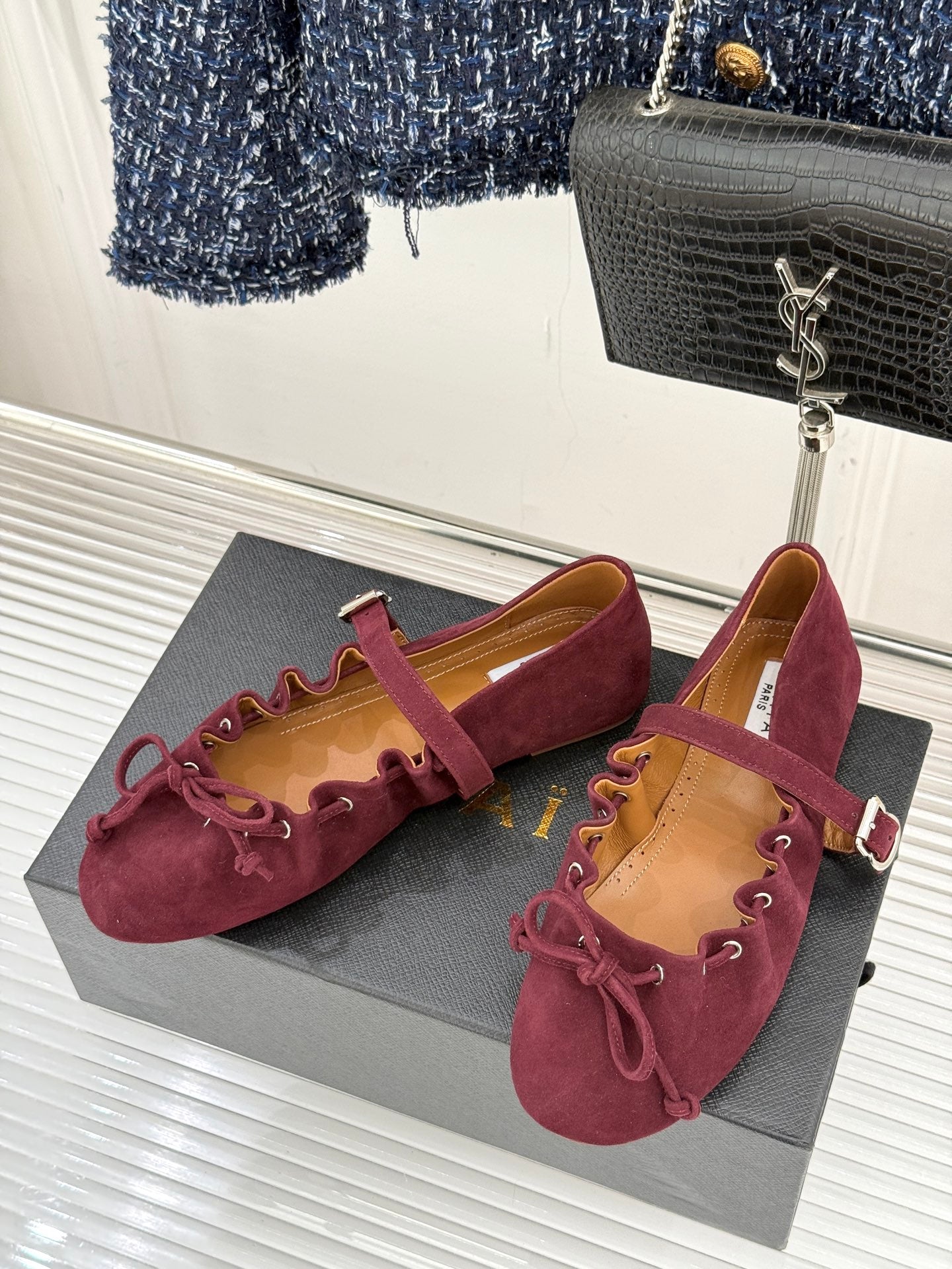 ALAIA 26S MARY JANE FLATS IN DARK RED SUEDE WITH BOW