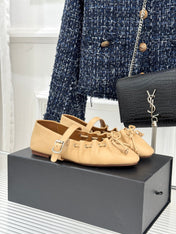 ALAIA 26S MARY JANE FLATS IN LIGHT YELLOW BEIGE LAMBSKIN WITH BOW