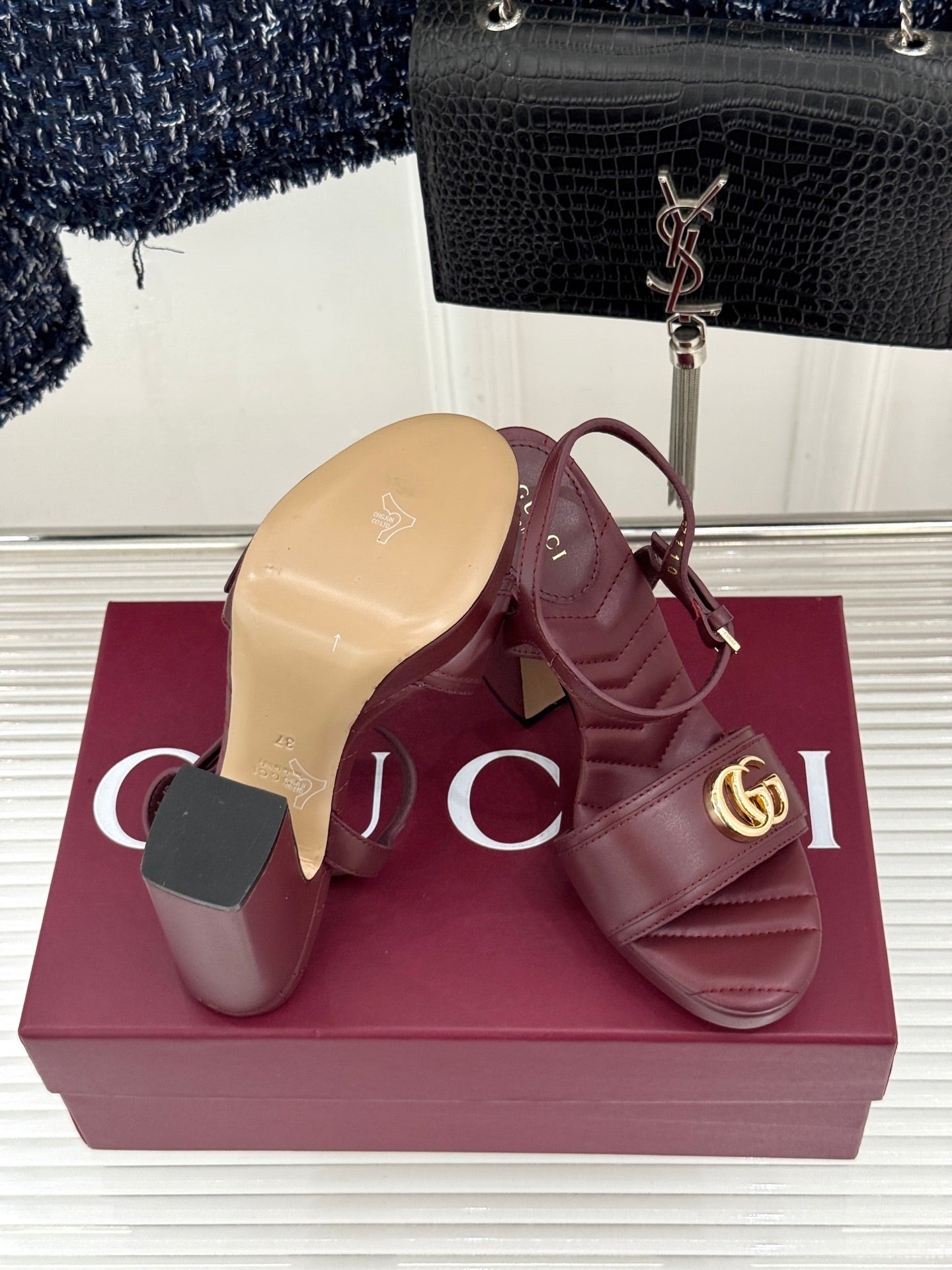 GUCCI 26S HIGH-HEELED SANDALS 120 MM IN DARK RED CALFSKIN