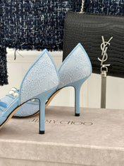JIMMY CHOO 26S HIGH HEELS 85 MM IN SKY BLUE LACE PEARL-EMBELLISHED
