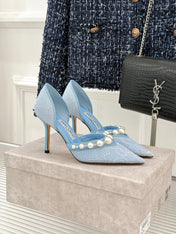 JIMMY CHOO 26S HIGH HEELS 85 MM IN SKY BLUE LACE PEARL-EMBELLISHED