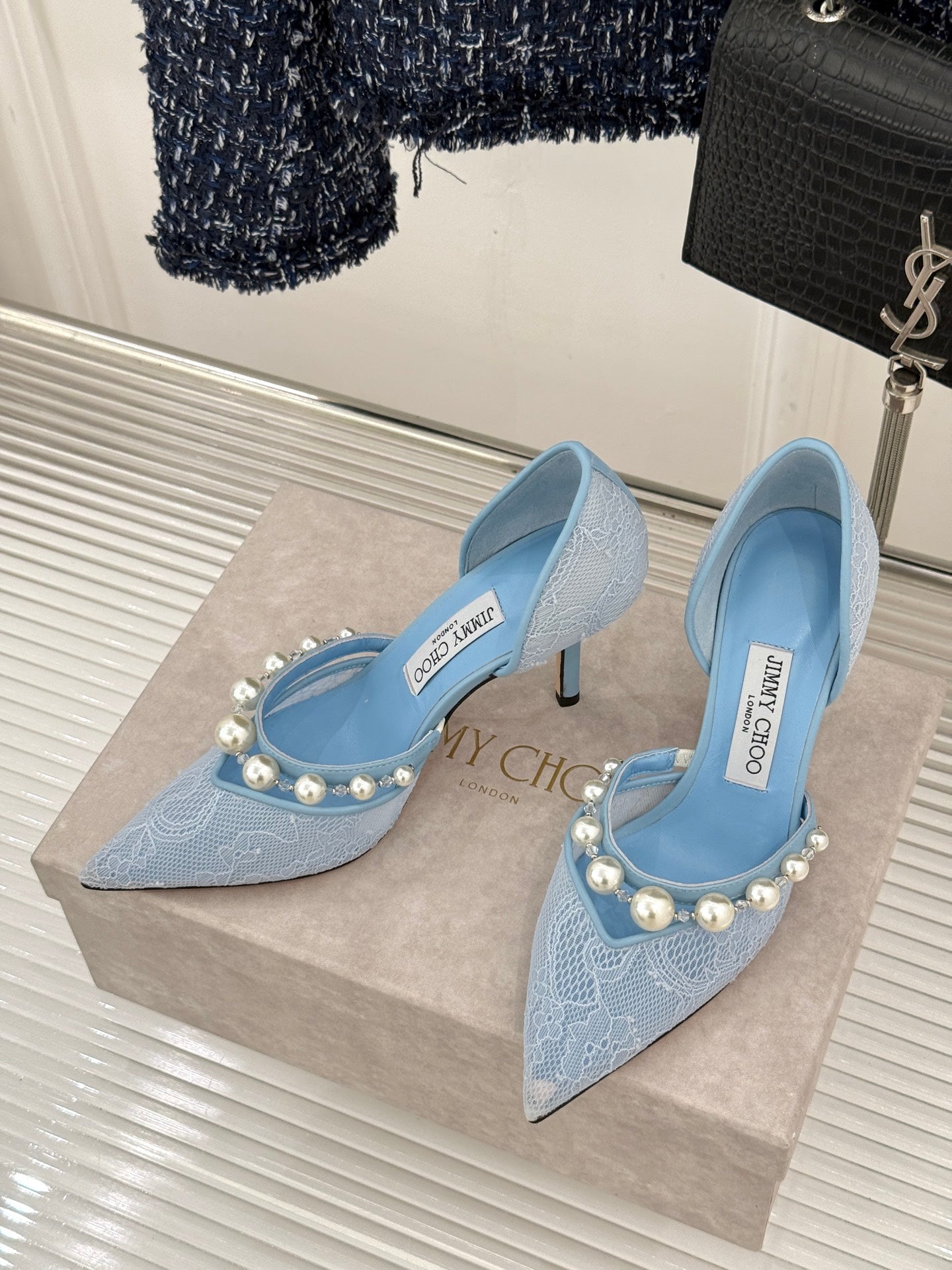 JIMMY CHOO 26S HIGH HEELS 85 MM IN SKY BLUE LACE PEARL-EMBELLISHED