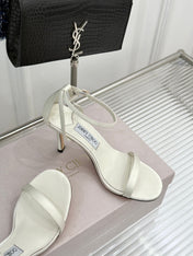 JIMMY CHOO 26S HIGH-HEEL SANDALS 100 MM IN WHITE SATIN AND CALFSKIN