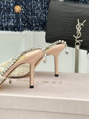JIMMY CHOO 26S EMBELLISHED HIGH-HEEL SANDALS 85 MM IN CREAM WHITE LACE