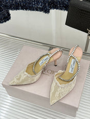 JIMMY CHOO 26S EMBELLISHED HIGH-HEEL SANDALS 85 MM IN CREAM WHITE LACE