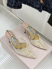 JIMMY CHOO 26S EMBELLISHED HIGH-HEEL SANDALS 85 MM IN CREAM WHITE LACE