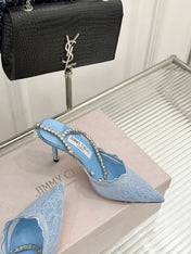 JIMMY CHOO 26S EMBELLISHED HIGH-HEEL SANDALS 85 MM IN BLUE LACE