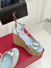 VALENTINO 26S ESPADRILLE WEDGE SANDALS 120 MM IN SILVER CALFSKIN