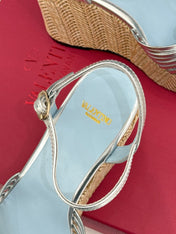 VALENTINO 26S ESPADRILLE WEDGE SANDALS 120 MM IN SILVER CALFSKIN