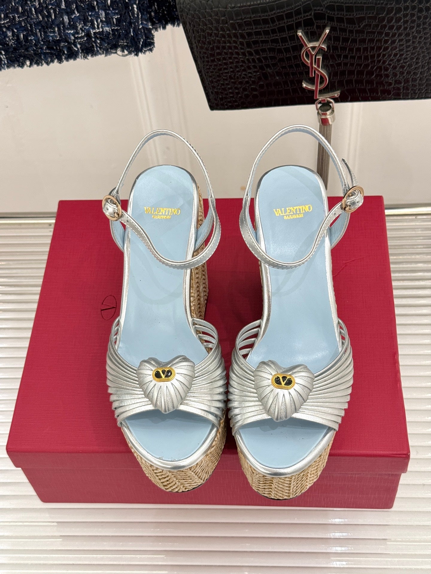 VALENTINO 26S ESPADRILLE WEDGE SANDALS 120 MM IN SILVER CALFSKIN