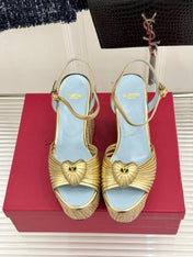 VALENTINO 26S ESPADRILLE WEDGE SANDALS 120 MM IN GOLD CALFSKIN