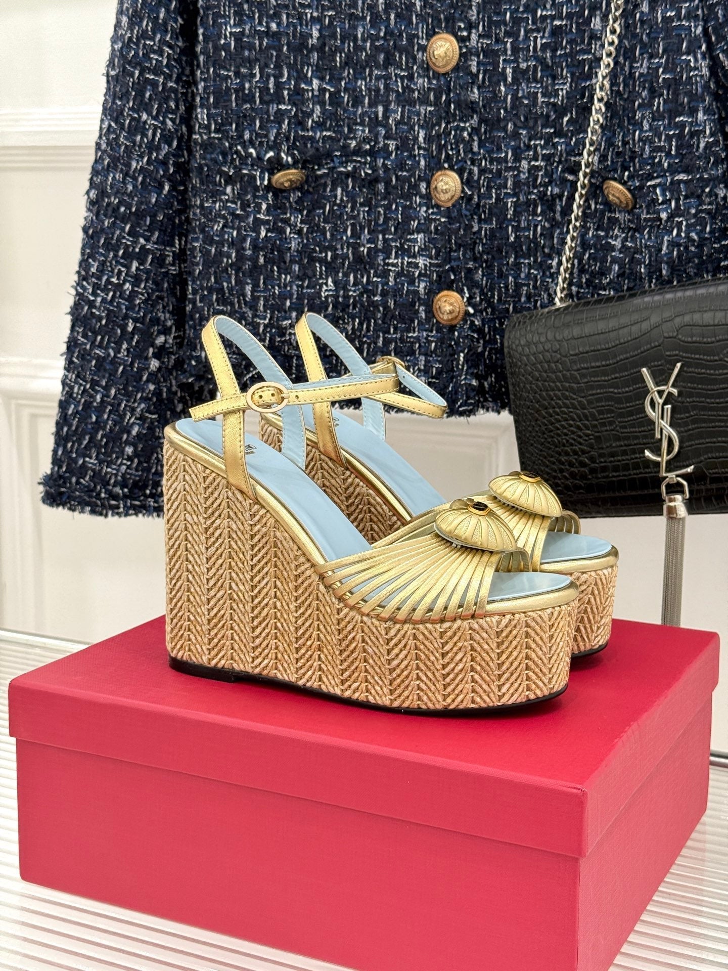 VALENTINO 26S ESPADRILLE WEDGE SANDALS 120 MM IN GOLD CALFSKIN