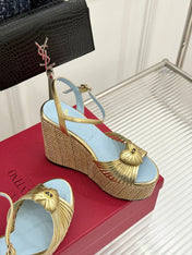VALENTINO 26S ESPADRILLE WEDGE SANDALS 120 MM IN GOLD CALFSKIN