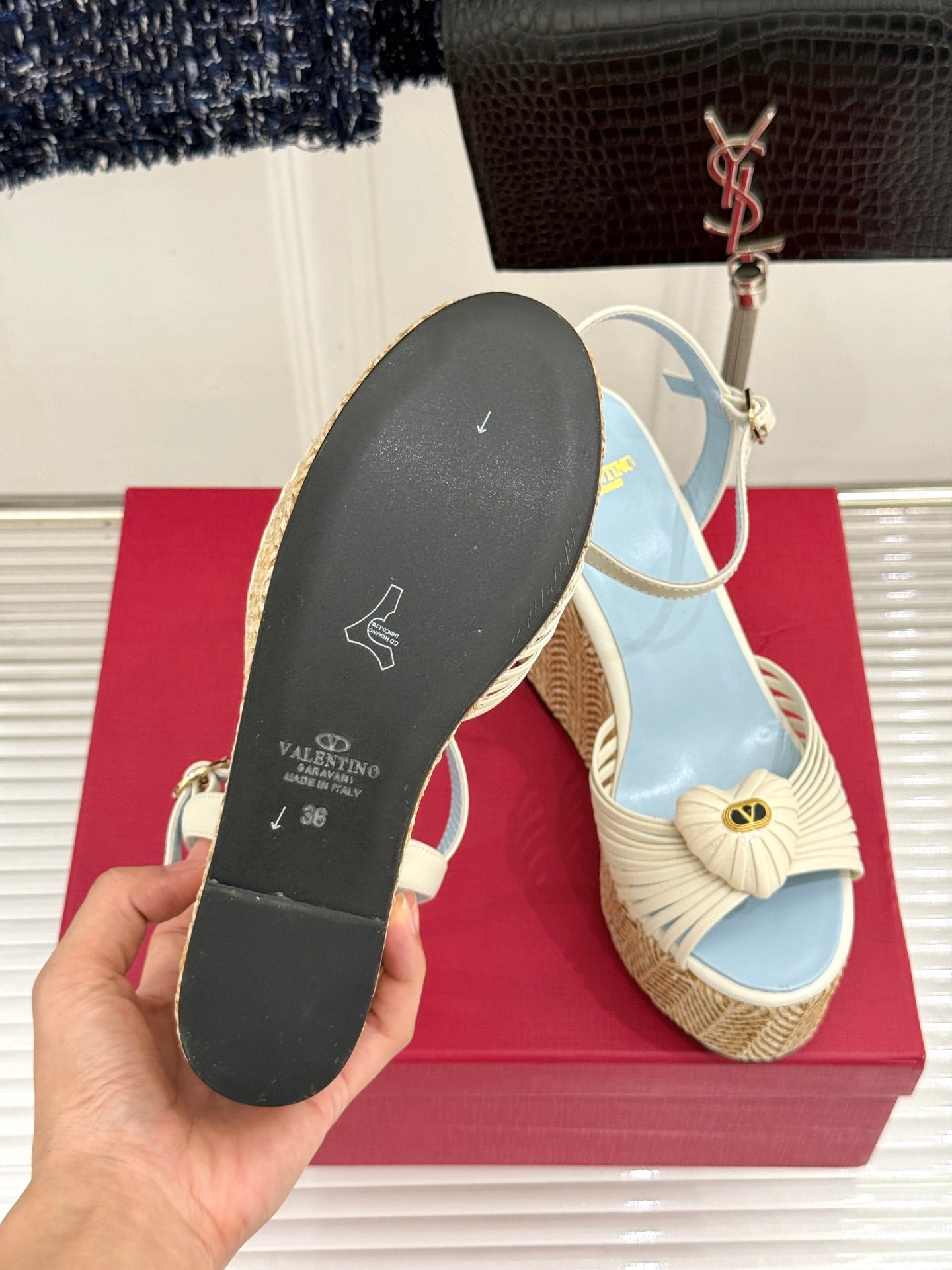VALENTINO 26S ESPADRILLE WEDGE SANDALS 120 MM IN CREAM WHITE CALFSKIN