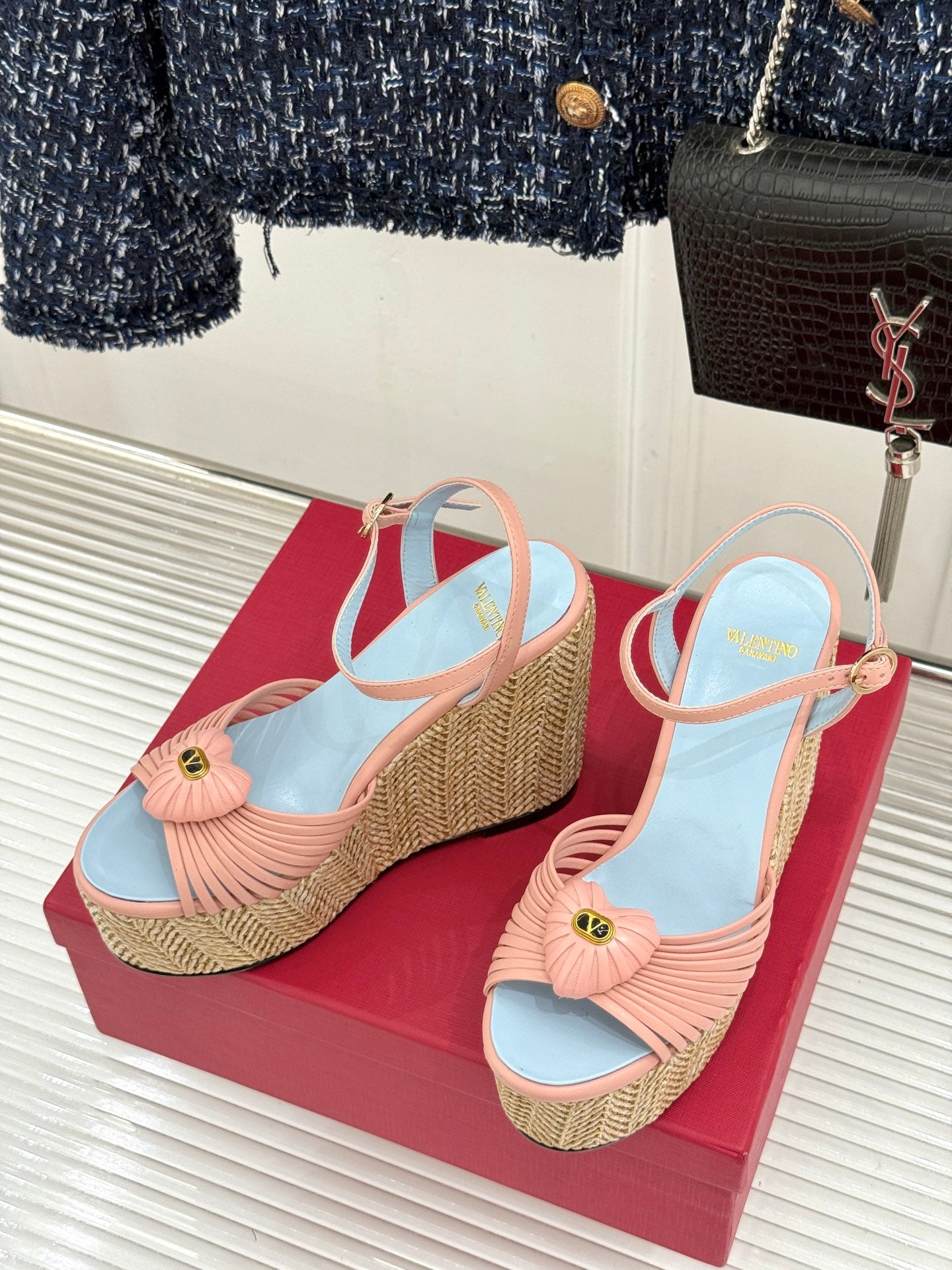 VALENTINO 26S ESPADRILLE WEDGE SANDALS 120 MM IN LIGHT PINK CALFSKIN