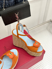 VALENTINO 26S ESPADRILLE WEDGE SANDALS 120 MM IN ORANGE CALFSKIN