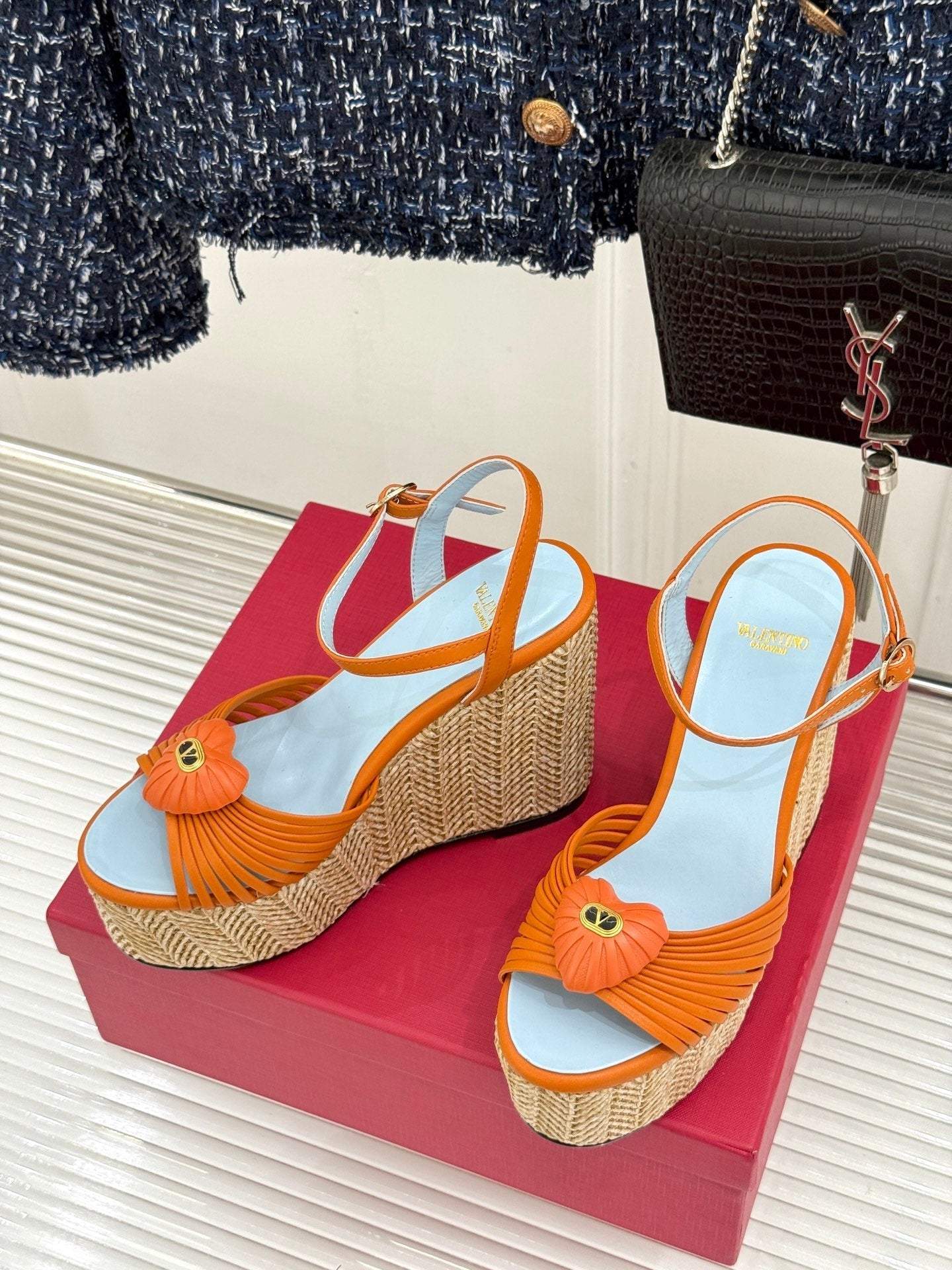 VALENTINO 26S ESPADRILLE WEDGE SANDALS 120 MM IN ORANGE CALFSKIN