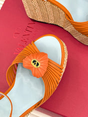 VALENTINO 26S ESPADRILLE WEDGE SANDALS 120 MM IN ORANGE CALFSKIN