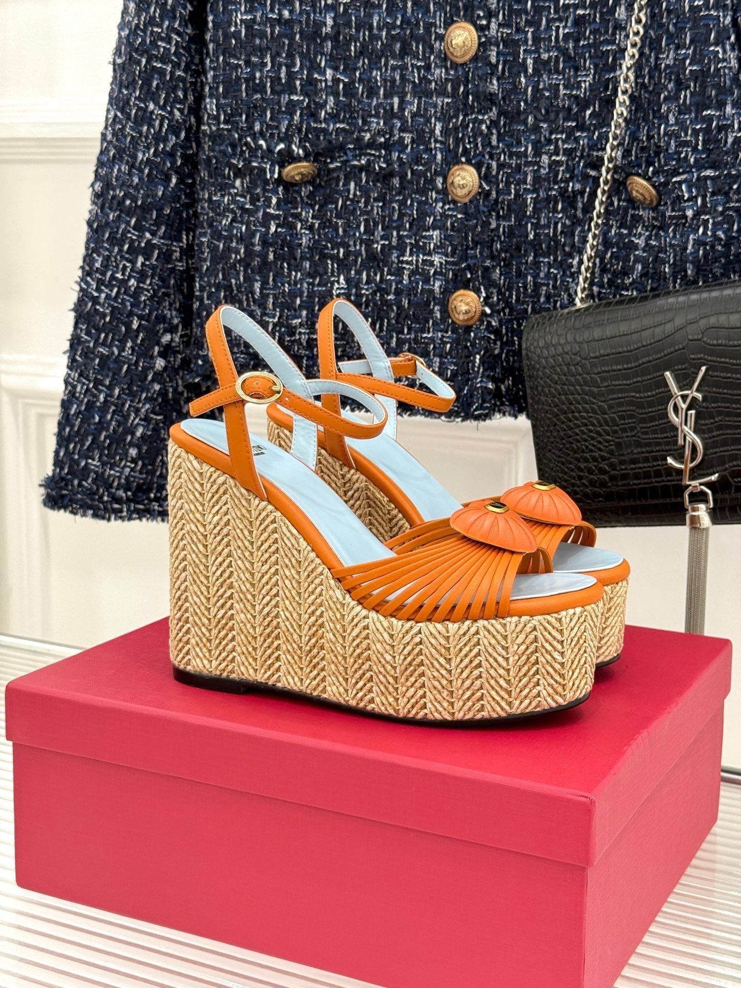 VALENTINO 26S ESPADRILLE WEDGE SANDALS 120 MM IN ORANGE CALFSKIN