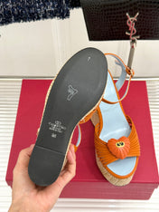 VALENTINO 26S ESPADRILLE WEDGE SANDALS 120 MM IN ORANGE CALFSKIN