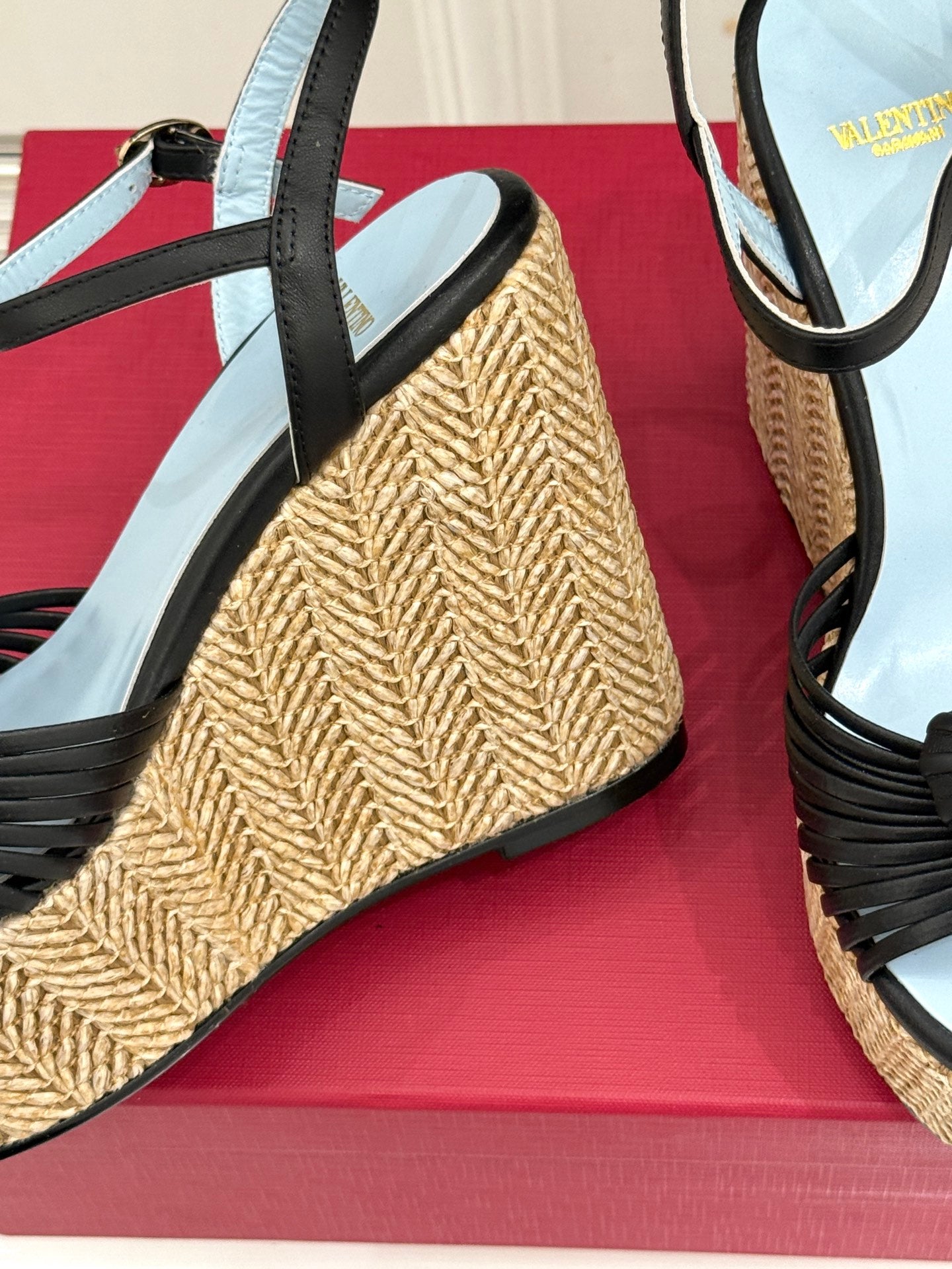 VALENTINO 26S ESPADRILLE WEDGE SANDALS 120 MM IN BLACK CALFSKIN