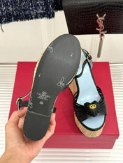 VALENTINO 26S ESPADRILLE WEDGE SANDALS 120 MM IN BLACK CALFSKIN