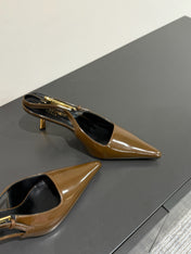 LEE SLINGBACK MID PUMPS IN BARK BROWN SHINY CALFSKIN