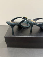 YSL HEELED THONG SANDALS 25S IN DARK ARMY GREEN SATIN WITH CRYSTAL