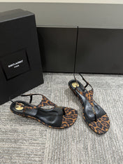 YSL WEDGE THONG SANDALS 25S IN LEOPARD LAMBSKIN WITH GOLD HARDWARE